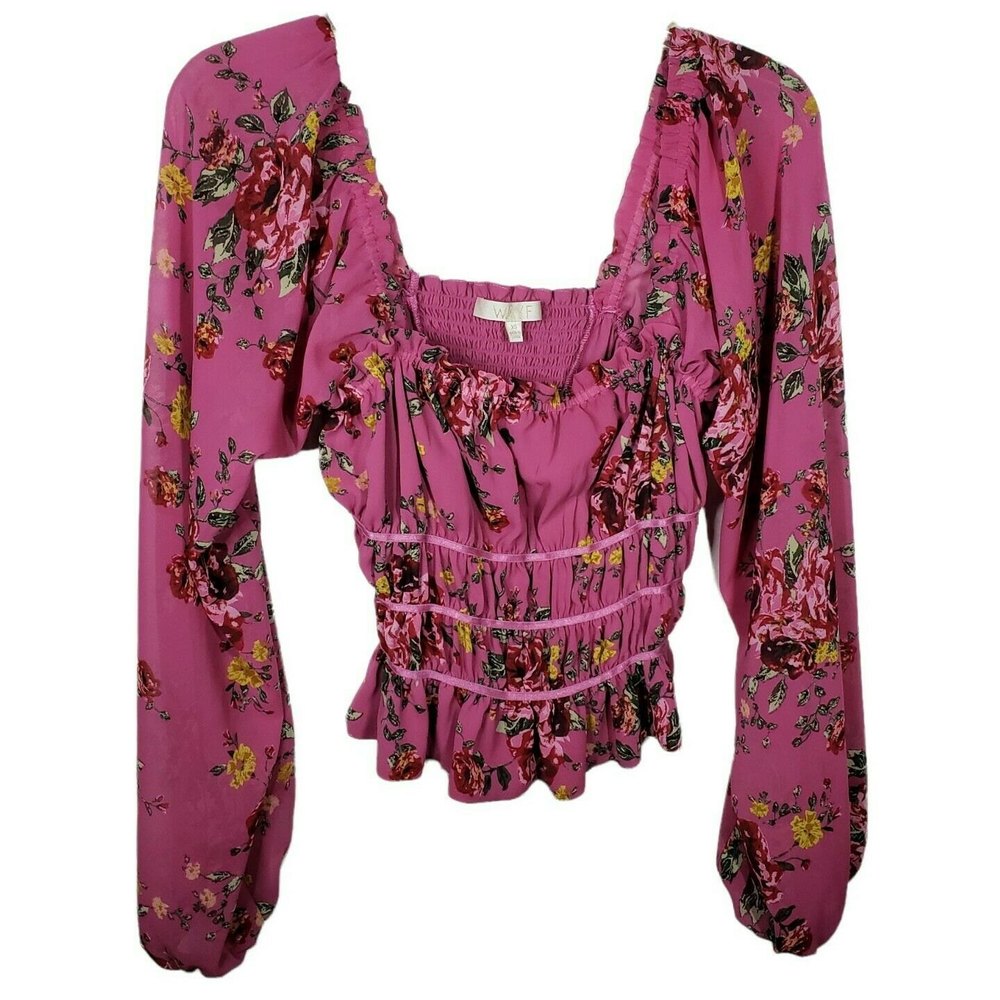 Wayf Pink Floral Liza Smocked Square Neck Top Women's Size XS